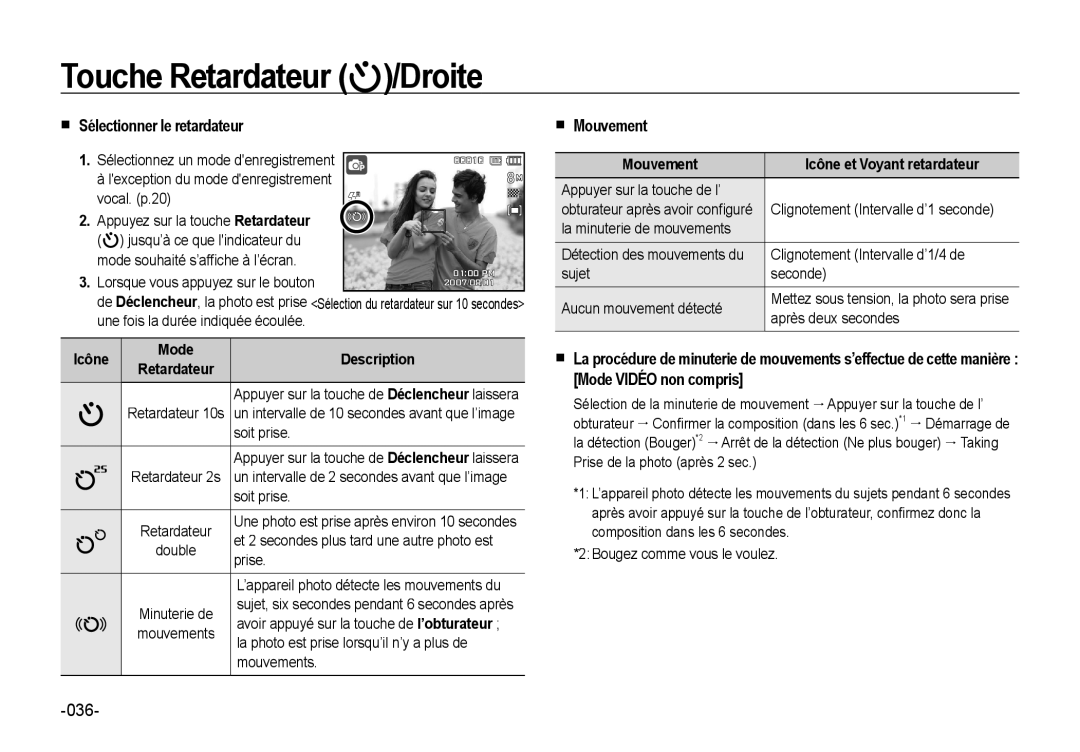 Samsung EC-NV4ZZSBA/E3, EC-NV4ZZPBA/FR manual  Sélectionner le retardateur,  Mouvement, Icône et Voyant retardateur 