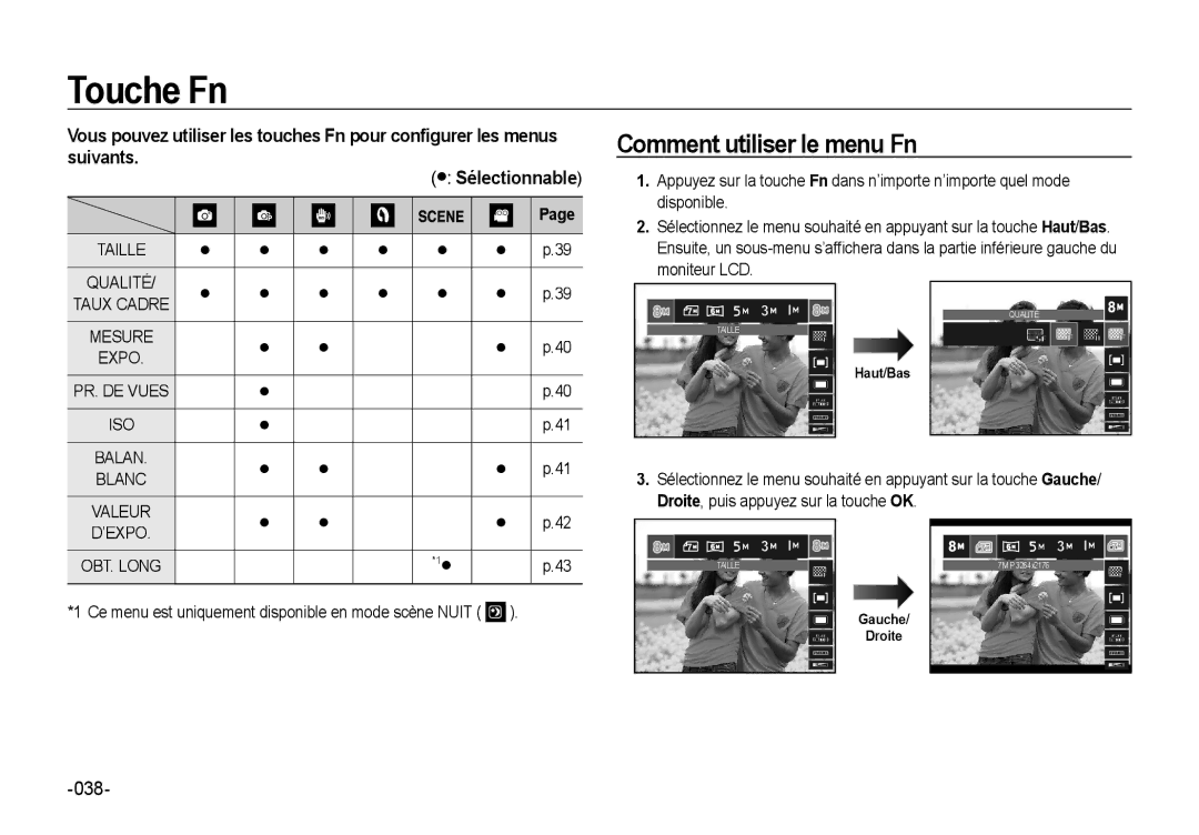 Samsung EC-NV4ZZBBA/FR manual Touche Fn, Comment utiliser le menu Fn, Ce menu est uniquement disponible en mode scène Nuit 