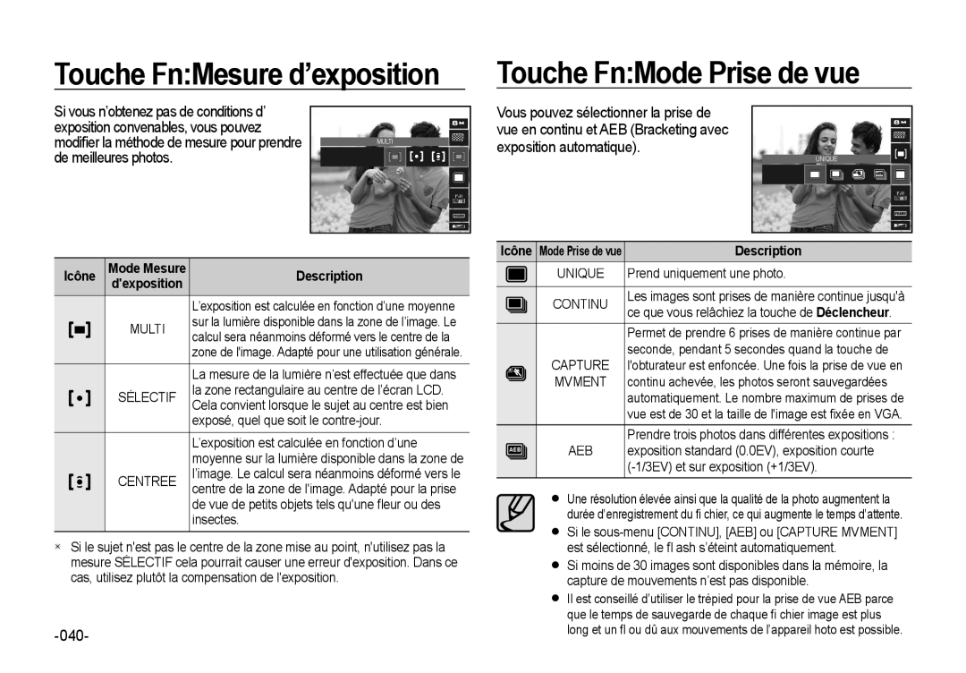 Samsung EC-NV4ZZTBB/E3, EC-NV4ZZPBA/FR, EC-NV4ZZSBA/E3 manual Touche FnMesure d’exposition, Touche FnMode Prise de vue 