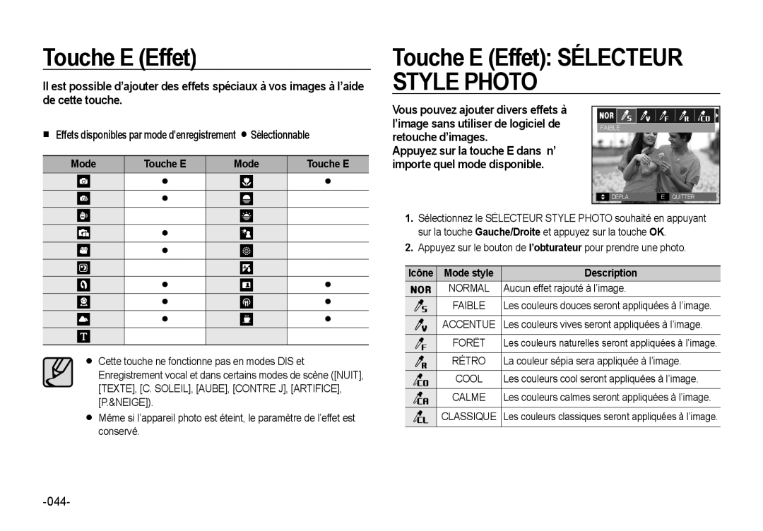 Samsung EC-NV4ZZPBA/FR manual Touche E Effet Sélecteur, Icône Mode style Description, Aucun effet rajouté à l’image 