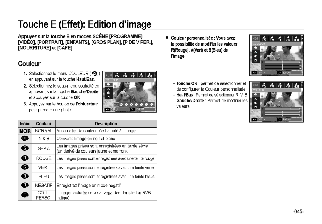 Samsung EC-NV4ZZSBA/E3, EC-NV4ZZPBA/FR, EC-NV4ZZPBA/E3 manual Touche E Effet Edition d’image, Couleur, Nourriture et Cafe 