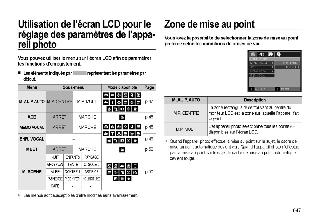 Samsung EC-NV4ZZBBA/FR, EC-NV4ZZPBA/FR, EC-NV4ZZSBA/E3, EC-NV4ZZPBA/E3, EC-NV4ZZTBB/FR manual Zone de mise au point, Sous-menu 