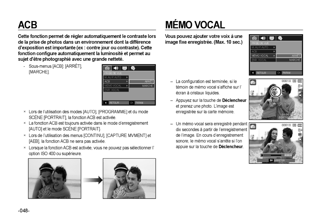 Samsung EC-NV4ZZTBB/FR, EC-NV4ZZPBA/FR, EC-NV4ZZSBA/E3, EC-NV4ZZPBA/E3, EC-NV4ZZBBA/FR manual Acb, Sous-menus ACB Arrêt 