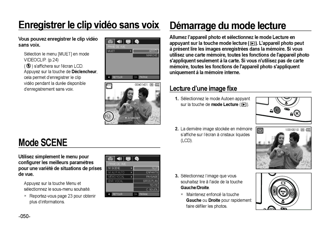 Samsung EC-NV4ZZBBA/E3 manual Mode Scene, Lecture d’une image ﬁxe, Vous pouvez enregistrer le clip vidéo sans voix 