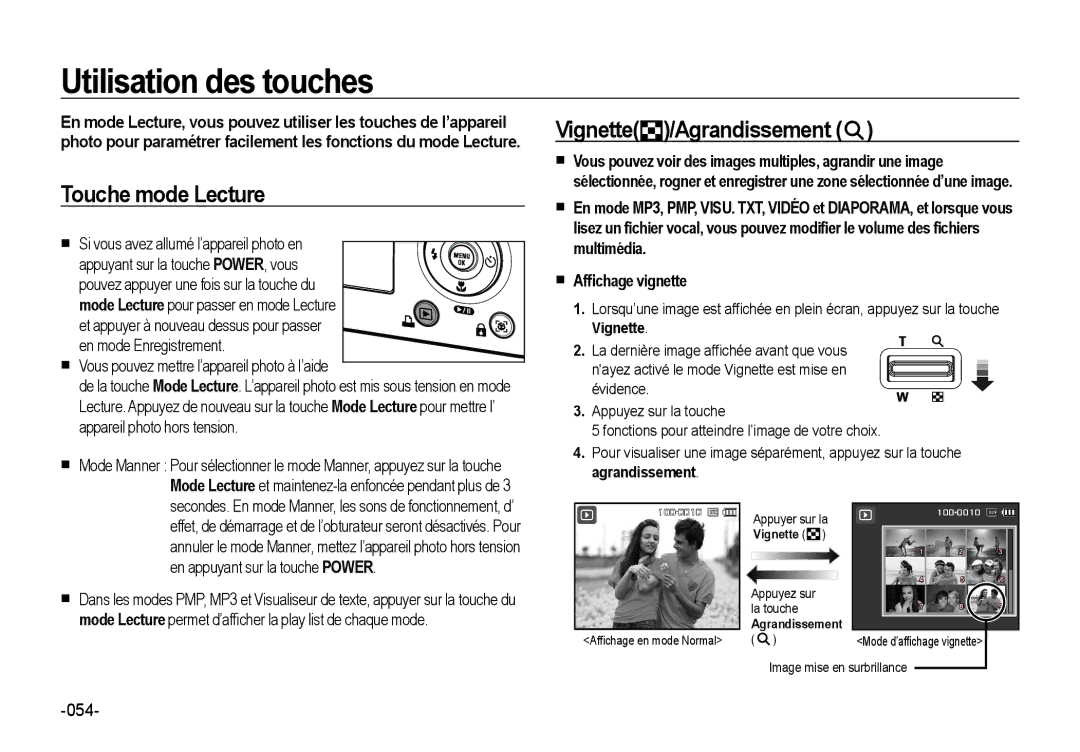 Samsung EC-NV4ZZSBA/E3, EC-NV4ZZPBA/FR manual Utilisation des touches, Touche mode Lecture, Vignette /Agrandissement 