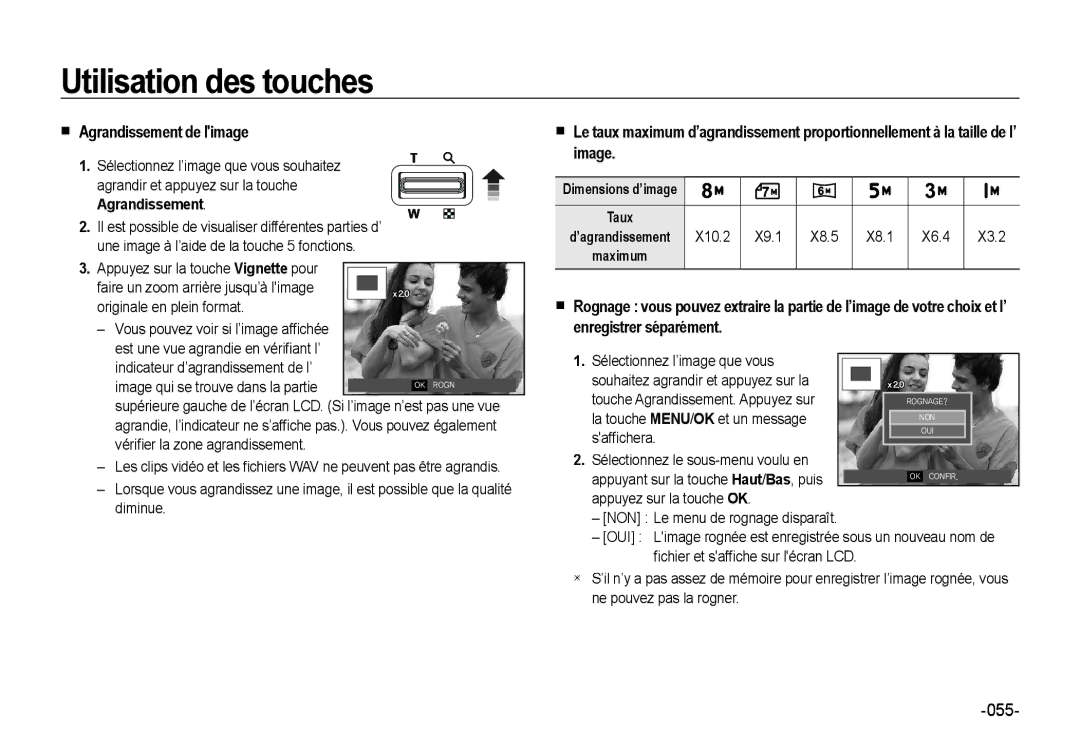 Samsung EC-NV4ZZPBA/E3, EC-NV4ZZPBA/FR, EC-NV4ZZSBA/E3, EC-NV4ZZBBA/FR  Agrandissement de limage, Dimensions d’image Taux 