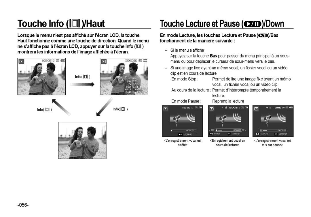 Samsung EC-NV4ZZBBA/FR, EC-NV4ZZPBA/FR manual Touche Info /Haut, Touche Lecture et Pause /Down, Si le menu s’afﬁ che 