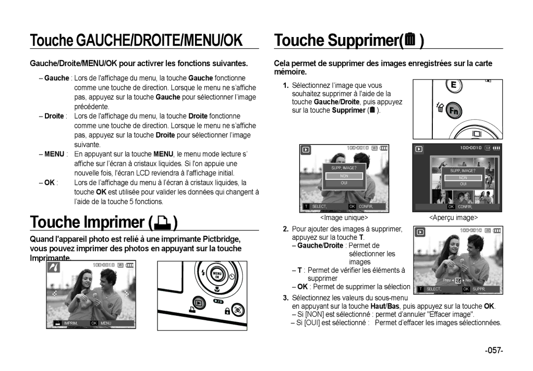 Samsung EC-NV4ZZTBB/FR, EC-NV4ZZPBA/FR, EC-NV4ZZSBA/E3 manual Touche GAUCHE/DROITE/MENU/OK, Touche Supprimer, Touche Imprimer 