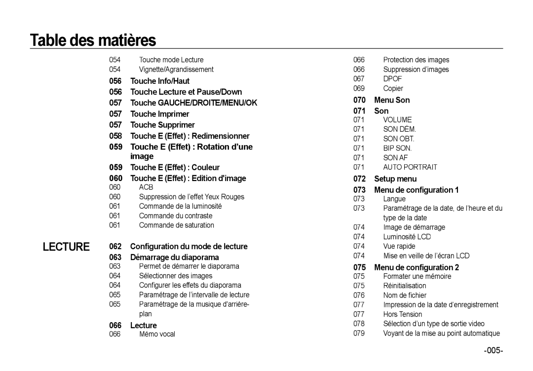 Samsung EC-NV4ZZBBA/E3 manual 062, 063 Démarrage du diaporama, Lecture, Menu Son 071 Son, Setup menu Menu de conﬁguration 