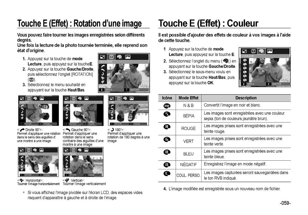 Samsung EC-NV4ZZBBA/E3, EC-NV4ZZPBA/FR manual Touche E Effet Couleur, Appuyez sur la touche de mode, Icône Mode Effet, Sépia 