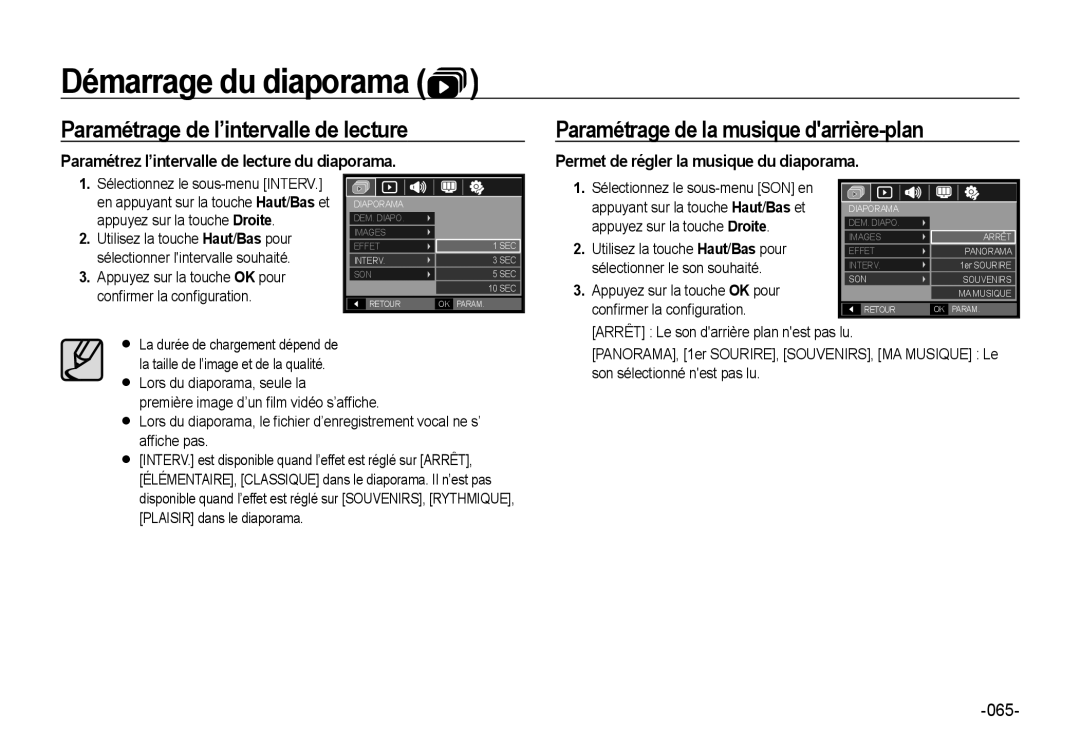 Samsung EC-NV4ZZBBA/FR, EC-NV4ZZPBA/FR Paramétrage de l’intervalle de lecture, Paramétrage de la musique darrière-plan 