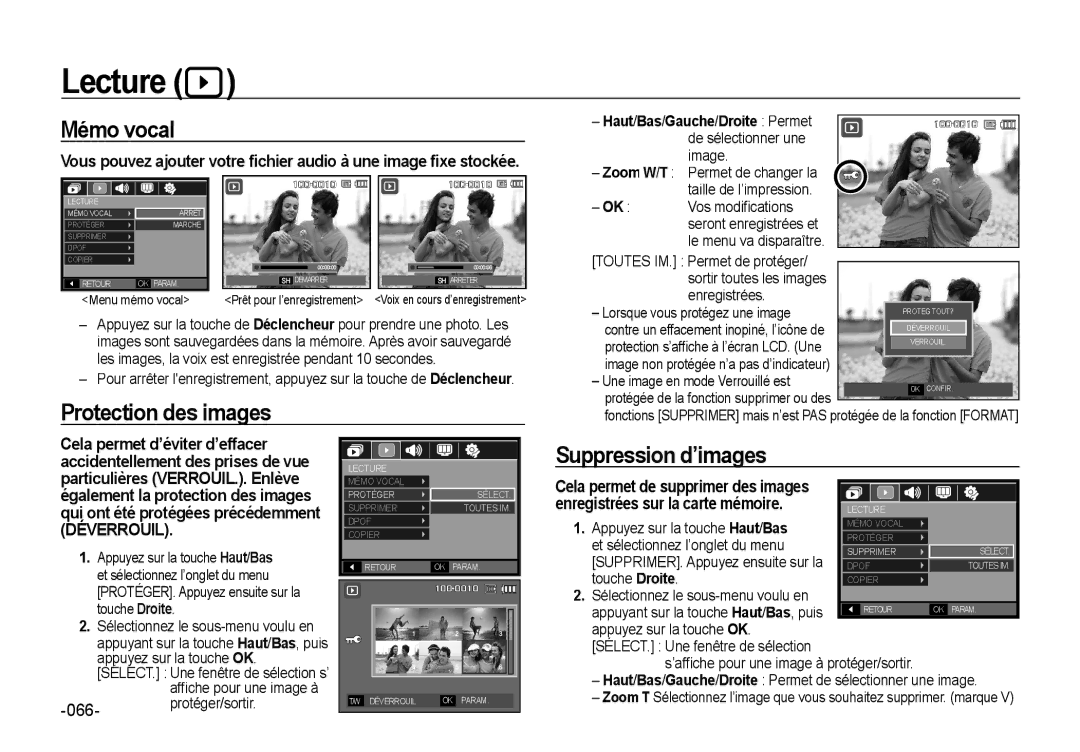 Samsung EC-NV4ZZTBB/FR, EC-NV4ZZPBA/FR, EC-NV4ZZSBA/E3 Lecture, Mémo vocal, Protection des images, Suppression d’images 