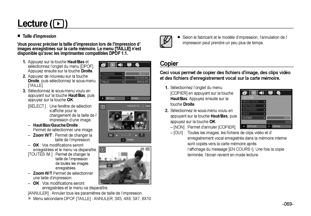 Samsung EC-NV4ZZSBA/FR, EC-NV4ZZPBA/FR, EC-NV4ZZSBA/E3, EC-NV4ZZPBA/E3, EC-NV4ZZBBA/FR manual Copier,  Taille dimpression 