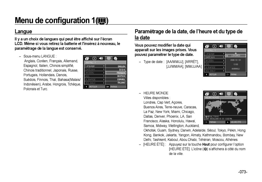 Samsung EC-NV4ZZPBA/E3 Menu de conﬁguration, Langue, Paramétrage de la date, de l’heure et du type de la date, Heure Monde 