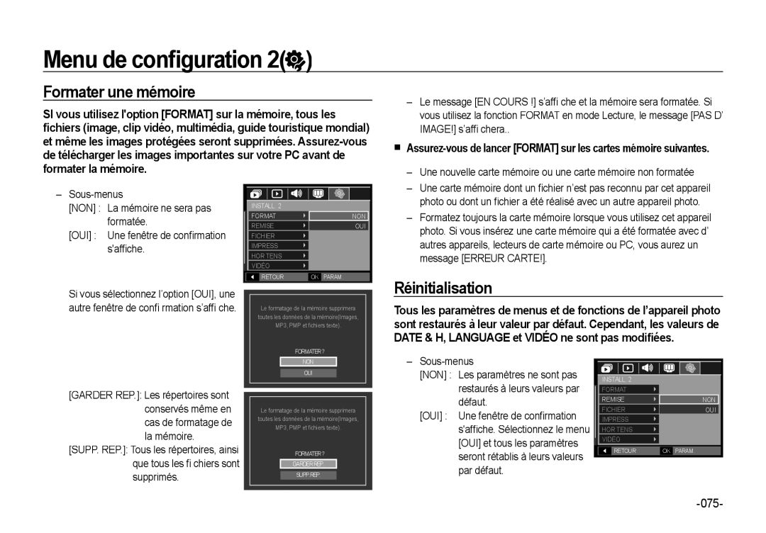 Samsung EC-NV4ZZTBB/FR, EC-NV4ZZPBA/FR Formater une mémoire, Réinitialisation, IMAGE! s’afﬁ chera, Message Erreur Carte 