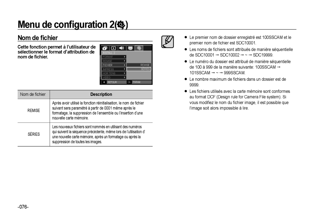 Samsung EC-NV4ZZTBB/E3, EC-NV4ZZPBA/FR, EC-NV4ZZSBA/E3, EC-NV4ZZPBA/E3, EC-NV4ZZBBA/FR manual Nom de ﬁchier, Remise Séries 