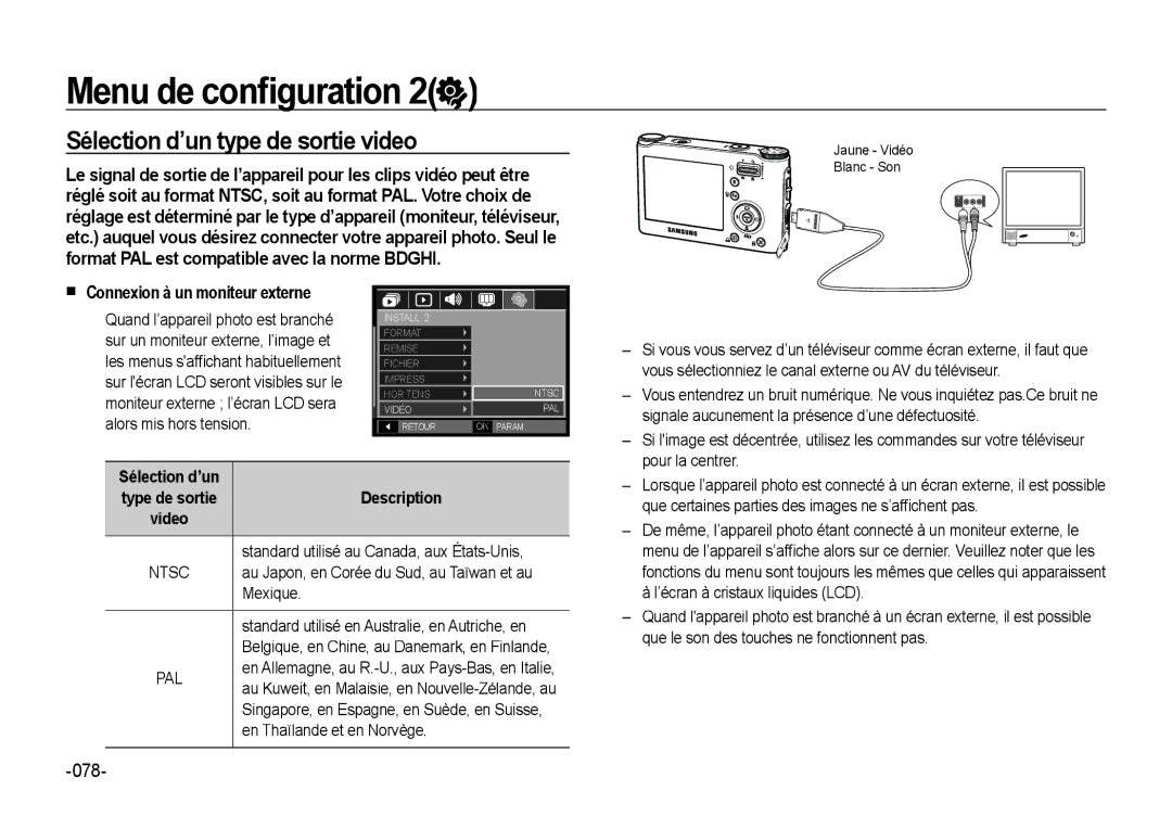 Samsung EC-NV4ZZSBA/FR, EC-NV4ZZPBA/FR manual Sélection d’un type de sortie video,  Connexion à un moniteur externe 