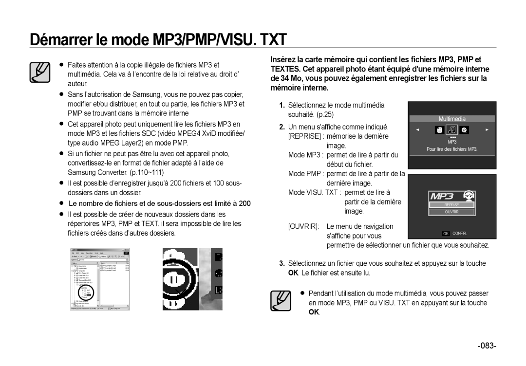 Samsung EC-NV4ZZBBA/FR, EC-NV4ZZPBA/FR, EC-NV4ZZSBA/E3, EC-NV4ZZPBA/E3, EC-NV4ZZTBB/FR Démarrer le mode MP3/PMP/VISU. TXT 