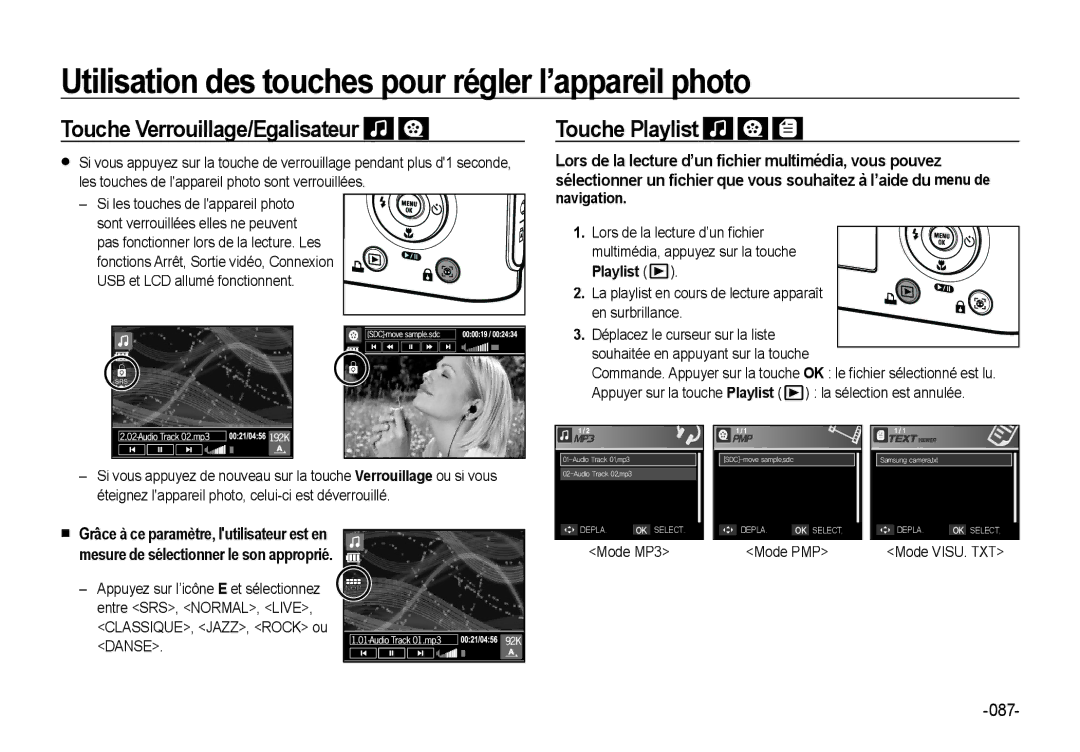 Samsung EC-NV4ZZSBA/FR, EC-NV4ZZPBA/FR, EC-NV4ZZSBA/E3 manual Touche Verrouillage/Egalisateur, Touche Playlist, Navigation 