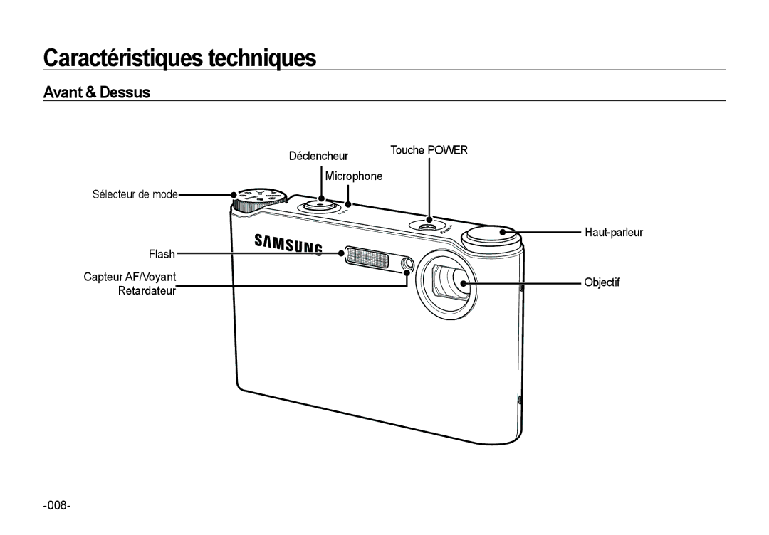 Samsung EC-NV4ZZPBA/FR, EC-NV4ZZSBA/E3 manual Caractéristiques techniques, Avant & Dessus, Sélecteur de mode Haut-parleur 