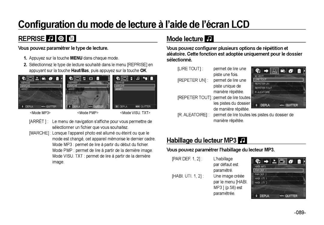 Samsung EC-NV4ZZPBA/FR, EC-NV4ZZSBA/E3 Mode lecture, Habillage du lecteur MP3, Vous pouvez paramétrer le type de lecture 