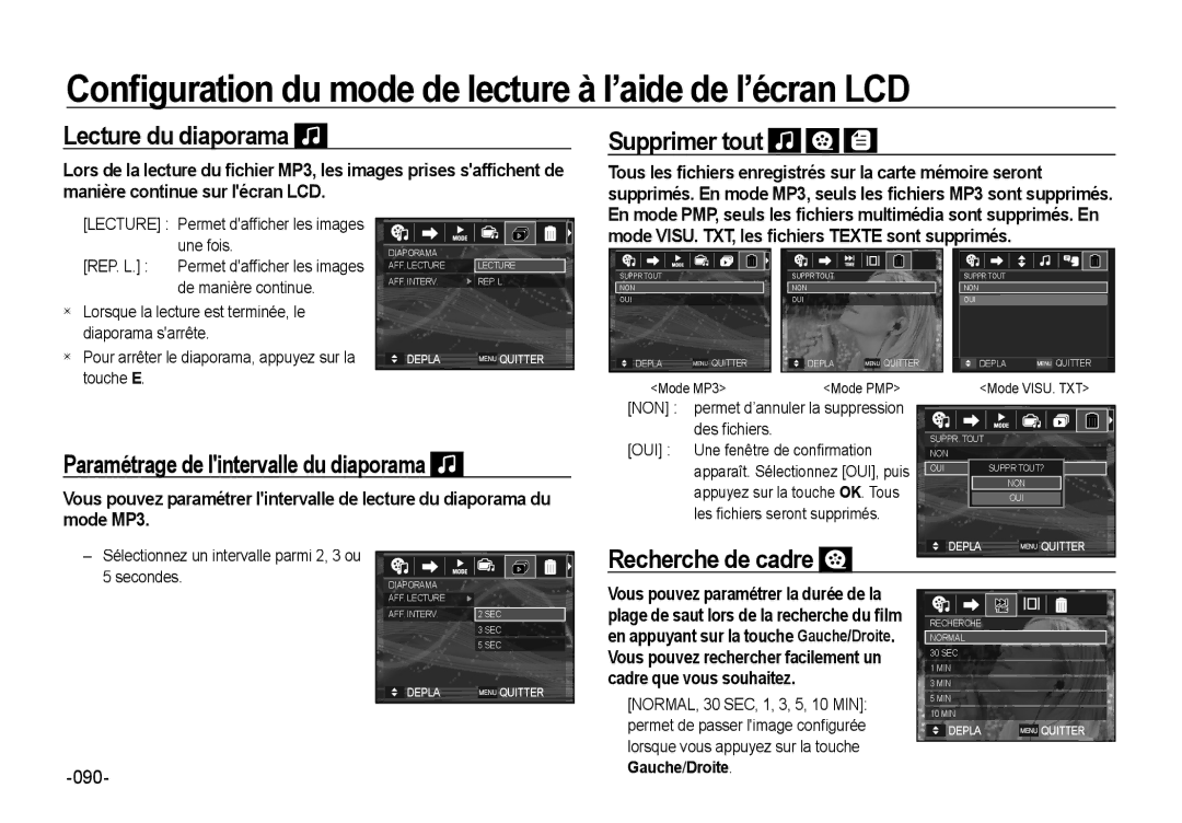 Samsung EC-NV4ZZSBA/E3 Lecture du diaporama, Supprimer tout, Paramétrage de lintervalle du diaporama, Recherche de cadre 