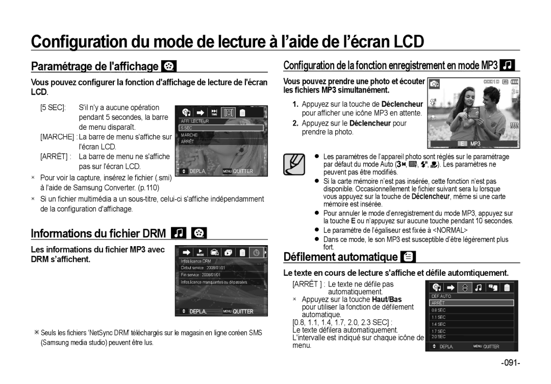 Samsung EC-NV4ZZPBA/E3, EC-NV4ZZPBA/FR manual Paramétrage de lafﬁchage, Informations du ﬁchier DRM, Déﬁlement automatique 