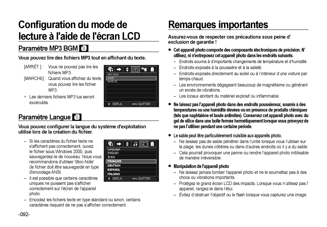 Samsung EC-NV4ZZBBA/FR Conﬁguration du mode de lecture à laide de lécran LCD, Remarques importantes, Paramètre MP3 BGM 