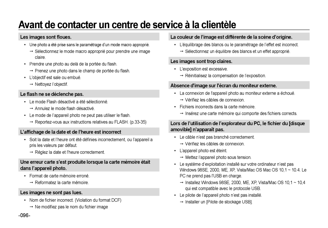 Samsung EC-NV4ZZSBA/FR, EC-NV4ZZPBA/FR Les images sont ﬂoues, Le ﬂash ne se déclenche pas, Les images ne sont pas lues 