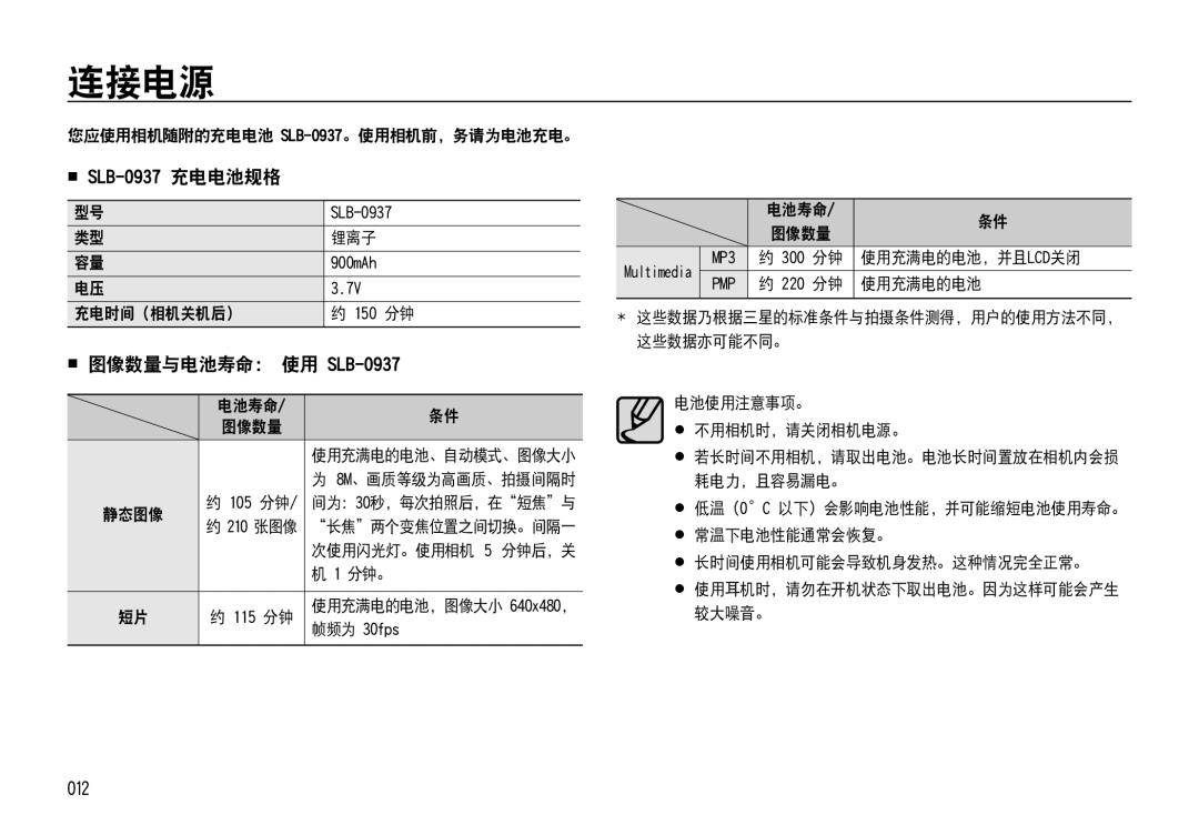 Samsung EC-NV4ZZPBB/E1, EC-NV4ZZPBA/FR, EC-NV4ZZSBA/E3 manual 连接电源,  SLB-0937 充电电池规格,  图像数量与电池寿命： 使用 SLB-0937, 012 