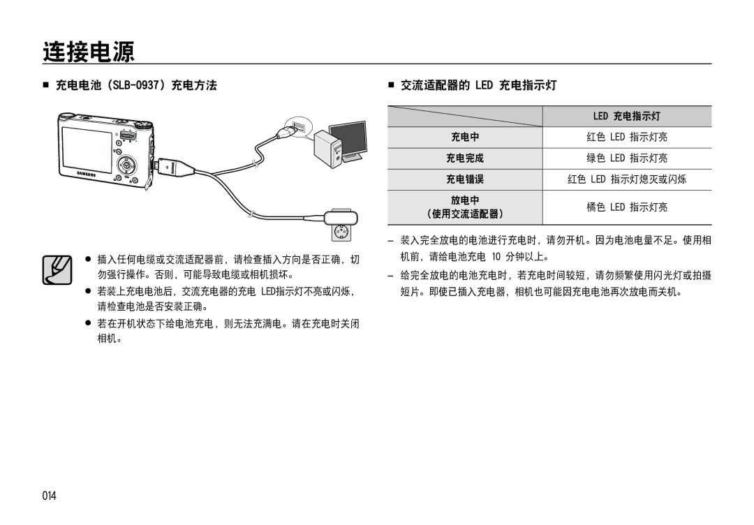 Samsung EC-NV4ZZSBA/IT manual  充电电池 SLB-0937 充电方法,  交流适配器的 Led 充电指示灯, 014,  若装上充电电池后，交流充电器的充电 Led指示灯不亮或闪烁， 请检查电池是否安装正确。 