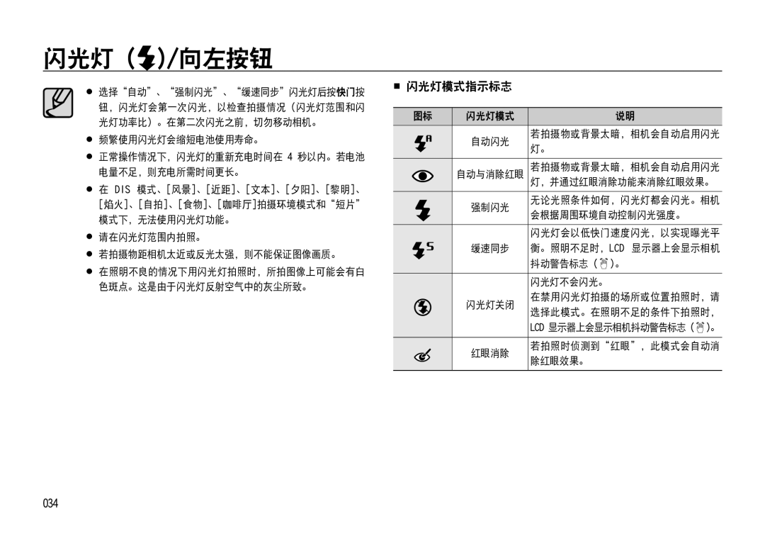 Samsung EC-NV4ZZBBA/FR, EC-NV4ZZPBA/FR, EC-NV4ZZSBA/E3, EC-NV4ZZPBA/E3, EC-NV4ZZTBB/FR, EC-NV4ZZTBB/E3 manual  闪光灯模式指示标志, 034 