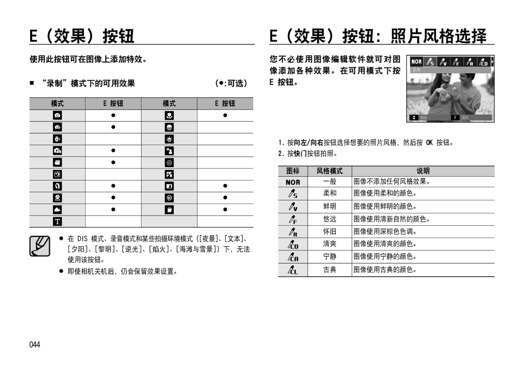 Samsung EC-NV4ZZPBB/E1 manual （效果）按钮：照片风格选择, 使用此按钮可在图像上添加特效。  录制模式下的可用效果, 您不必使用图像编辑软件就可对图 像添加各种效果。在可用模式下按 柔和 按钮。, 044 