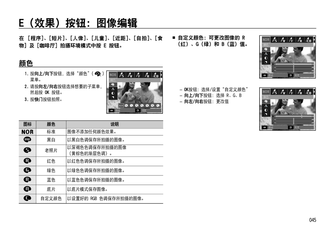 Samsung EC-NV4ZZBBA/E1, EC-NV4ZZPBA/FR manual （效果）按钮：图像编辑, 程序、短片、人像、儿童、近距、自拍、食, 咖啡厅 拍摄环境模式中按 E 按钮。, 045,  自定义颜色：可更改图像的 R 