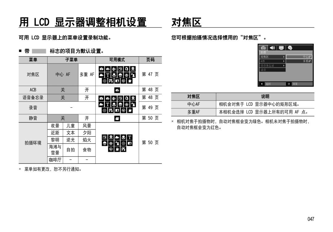 Samsung EC-NV4ZZPBA/FR, EC-NV4ZZSBA/E3 Lcd 显示器调整相机设置, 可用 Lcd 显示器上的菜单设置录制功能。  带 标志的项目为默认设置。, 您可根据拍摄情况选择惯用的对焦区。, 047 