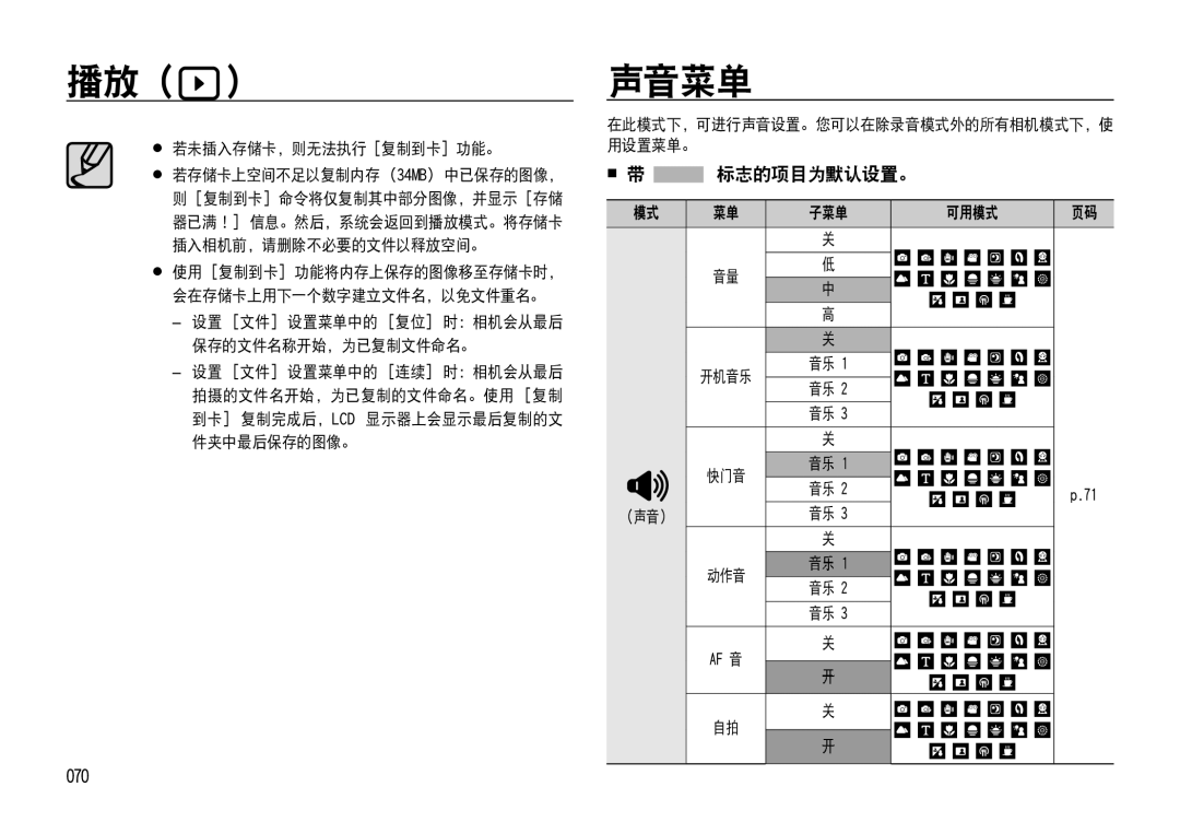 Samsung EC-NV4ZZSBA/FR, EC-NV4ZZPBA/FR manual 声音菜单, 070,  若未插入存储卡，则无法执行 复制到卡 功能。  若存储卡上空间不足以复制内存 34MB 中已保存的图像，, 动作音 