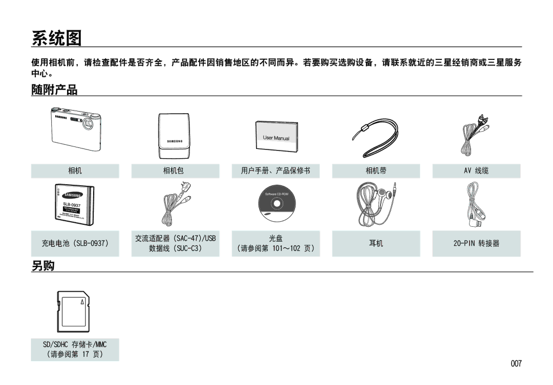 Samsung EC-NV4ZZTBE/E1, EC-NV4ZZPBA/FR, EC-NV4ZZSBA/E3, EC-NV4ZZPBA/E3 manual 系统图, 随附产品, 007, 相机包 用户手册、产品保修书 相机带, （请参阅第 17 页） 