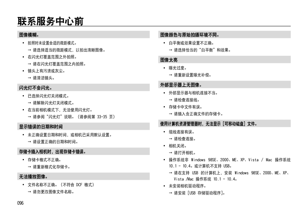 Samsung EC-NV4ZZSBA/E3 manual 图像模糊。, 闪光灯不会闪光。, 显示错误的日期和时间, 存储卡插入相机时，出现存储卡错误。, 无法播放图像。, 图像颜色与原始拍摄环境不同。, 图像太亮, 外部显示器上无图像。 