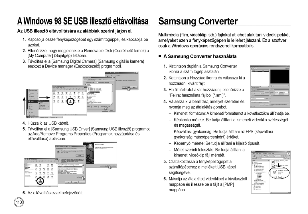 Samsung EC-NV4ZZSBA/IT, EC-NV4ZZPBA/FR manual A Windows 98 SE USB illesztõ eltávolítása, A Samsung Converter használata 