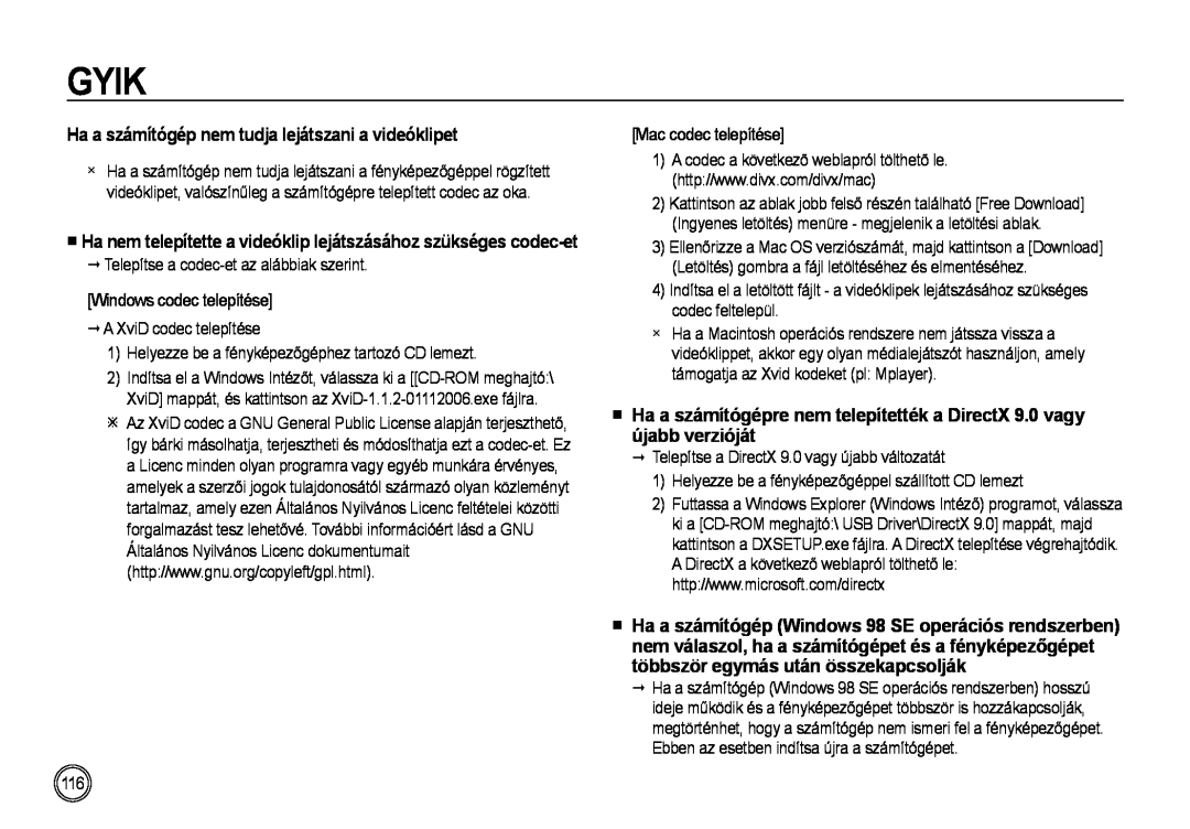 Samsung EC-NV4ZZTBB/E3 Ha a számítógép nem tudja lejátszani a videóklipet, Windows codec telepítése, Mac codec telepítése 