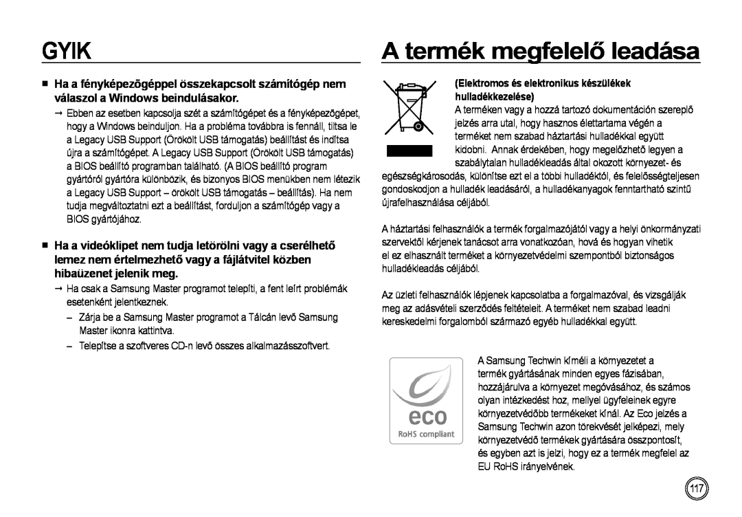 Samsung EC-NV4ZZBBA/E3 manual A termék megfelelő leadása, Elektromos és elektronikus készülékek hulladékkezelése, Gyik 