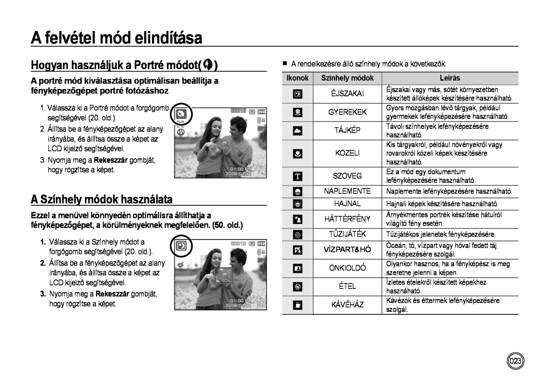 Samsung EC-NV4ZZTBE/E1 Hogyan használjuk a Portré módot, A Színhely módok használata, A felvétel mód elindítása, Ikonok 