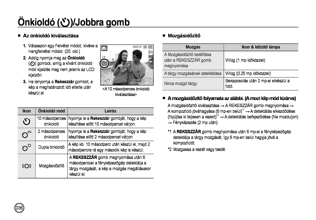 Samsung EC-NV4ZZTBB/E3 Az önkioldó kiválasztása, Mozgásidőzítő, Amozgásidőzítő folyamata az alábbi. Amozi klip mód kizárva 