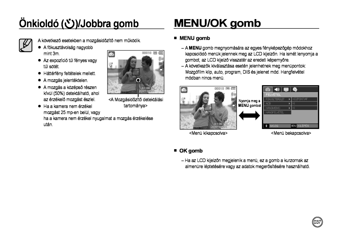 Samsung EC-NV4ZZBBA/E3, EC-NV4ZZPBA/FR, EC-NV4ZZSBA/E3 manual MENU/OK gomb, MENU gomb, mint 3m, Önkioldó /Jobbra gomb 