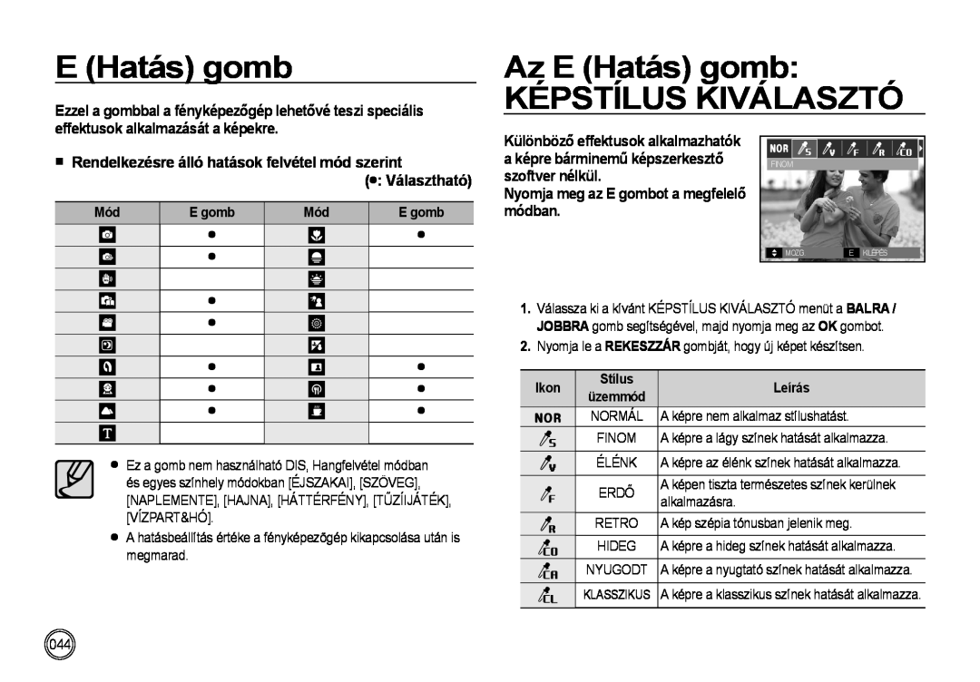 Samsung EC-NV4ZZPBB/E1 Az E Hatás gomb KÉPSTÍLUS KIVÁLASZTÓ, Különböző effektusok alkalmazhatók, E gomb, Stílus, Ikon 