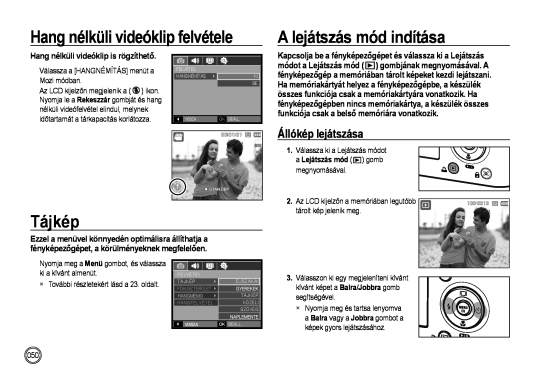 Samsung EC-NV4ZZBBA/FR manual A lejátszás mód indítása, Tájkép, Hang nélküli videóklip felvétele, Állókép lejátszása 