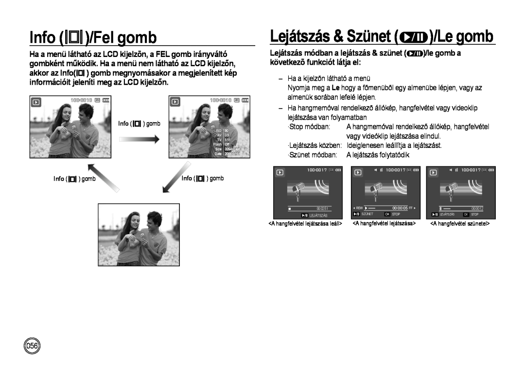 Samsung EC-NV4ZZBBB/E1 Info /Fel gomb, Lejátszás & Szünet /Le gomb, 100-0010, 100-0017, Iso Av, TV 1/11, Flash Off, Stop 