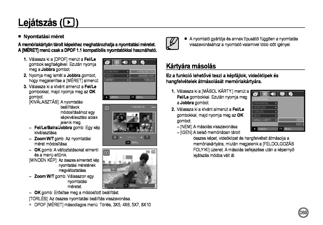 Samsung EC-NV4ZZBBA/E3 Kártyára másolás, Nyomtatási méret, KIVÁLASZTÁS A nyomtatási, NEM A másolás visszavonása, Lejátszás 