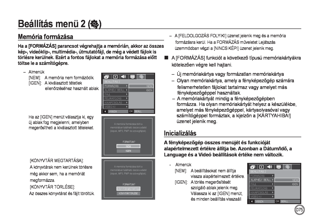 Samsung EC-NV4ZZPBC/E1 manual Memória formázása, Inicializálás, töltse le a számítógépre, kötelezően végre kell hajtani 