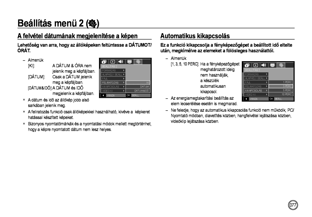 Samsung EC-NV4ZZBBA/E1, EC-NV4ZZPBA/FR Automatikus kikapcsolás, A felvétel dátumának megjelenítése a képen, Beállítás menü 